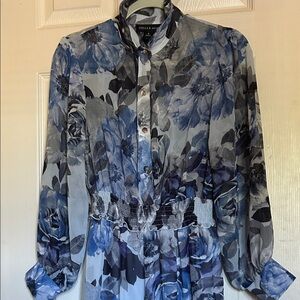 Floral Button-Up Dress with Blue and Gray Tones